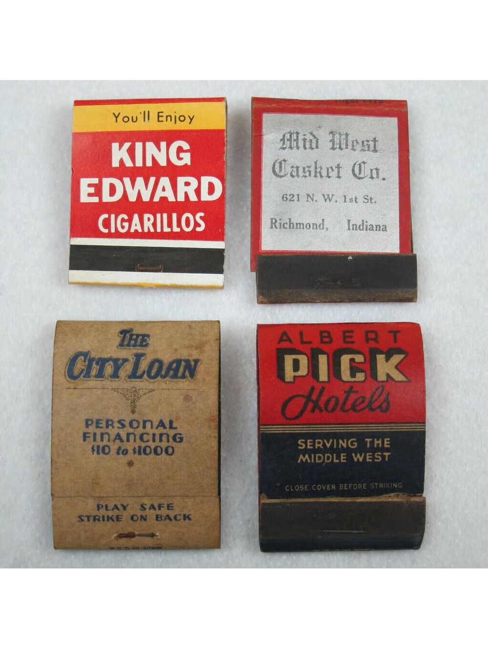 4 Vintage Matchbooks King Edward Cigarillos Midwest Casket City Loan Albert Pick
